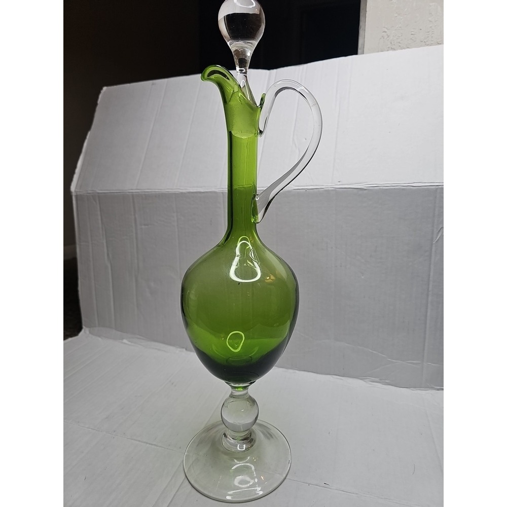 Green Art Glass Decanter Bottle with Stopper Hand Blown Style Vintage 17.5 inch - Picture 4 of 11